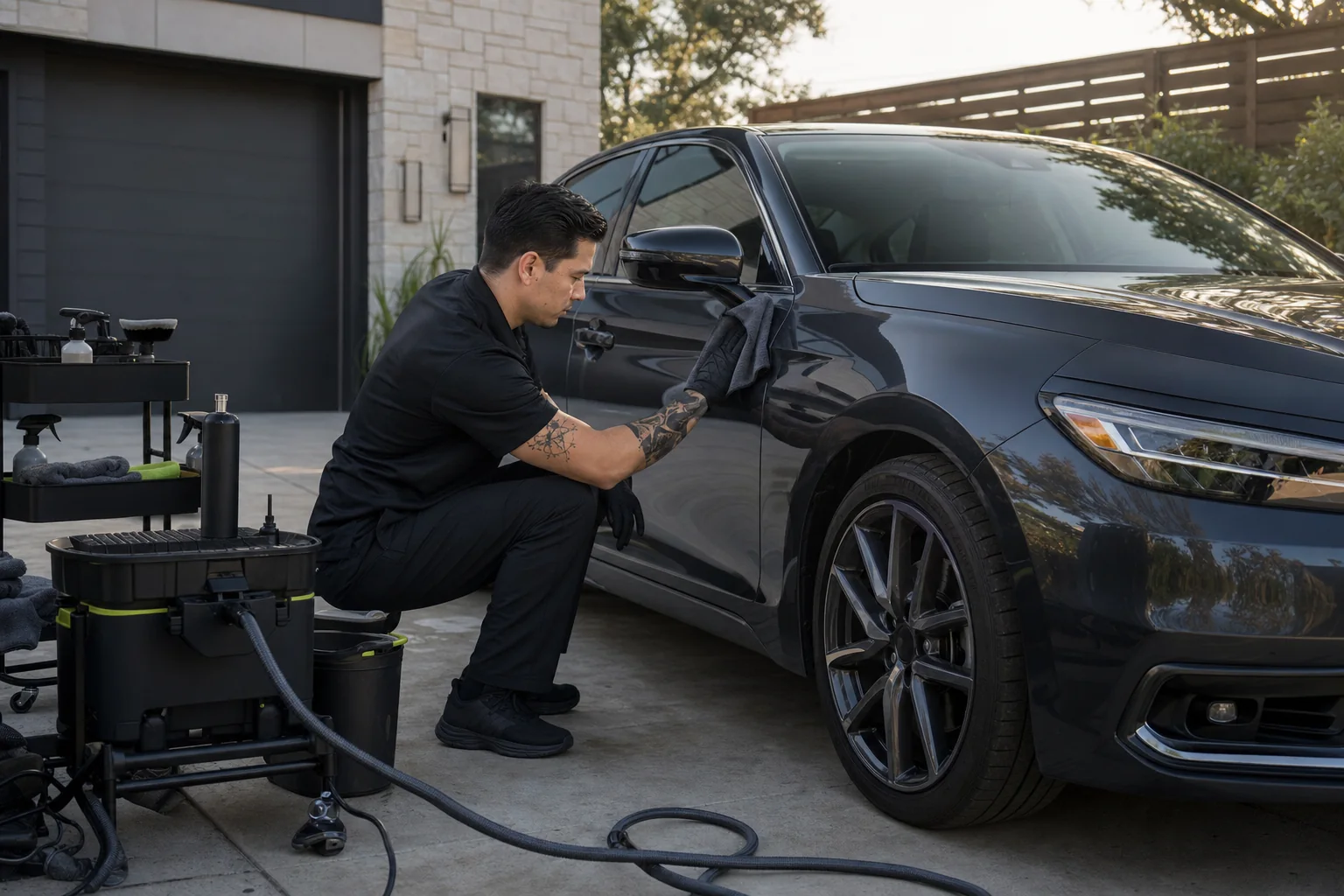 Detailer methodically cleaning a graphite sedan in a residential driveway