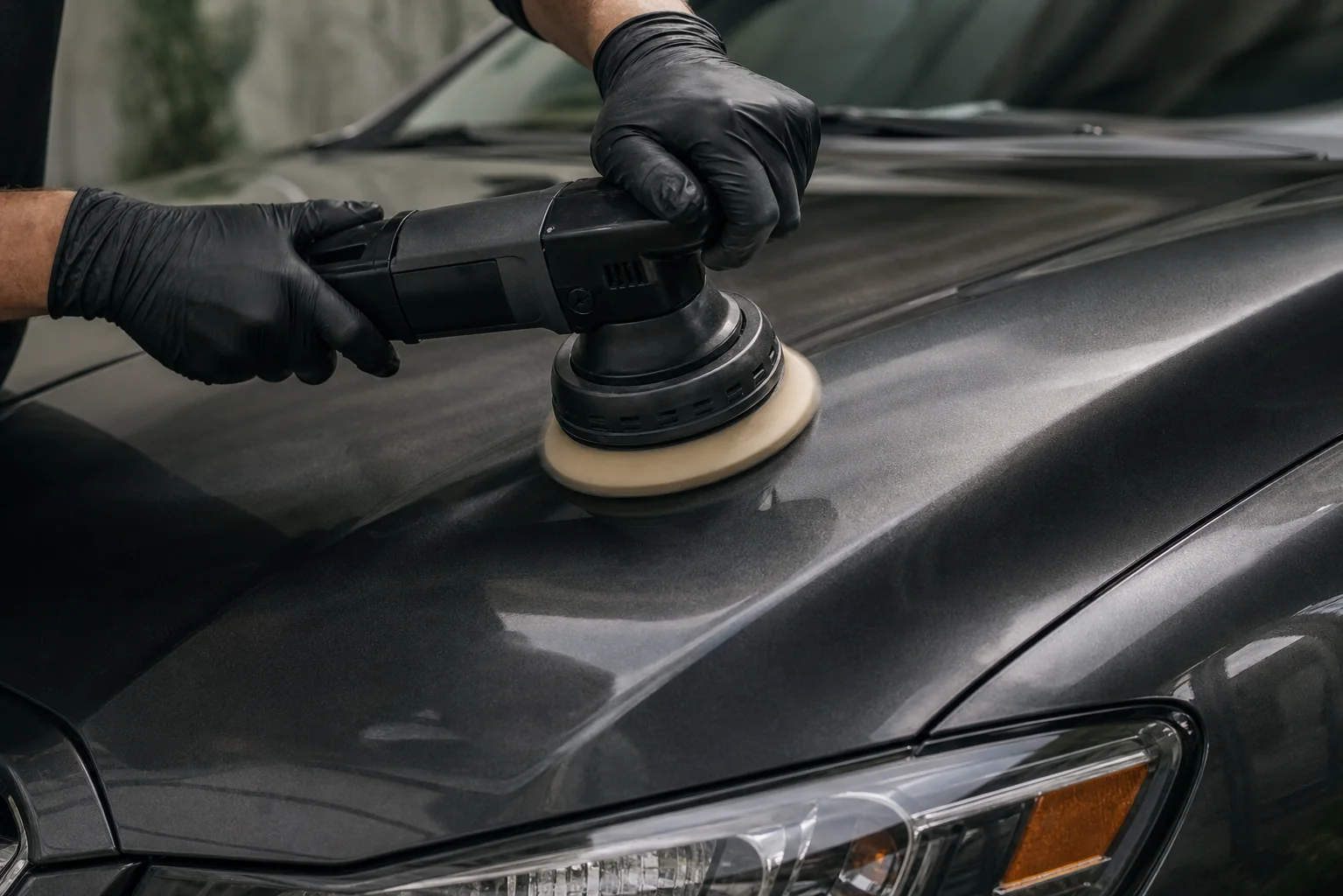 Gloved detailer using a dual-action polisher on a charcoal vehicle hood